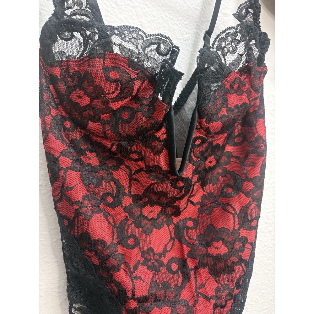 VTG 1980s VS Gold Label Romantic Black Red Lace Deep V Snap Crotch Lingerie 2XS - Picture 2 of 10